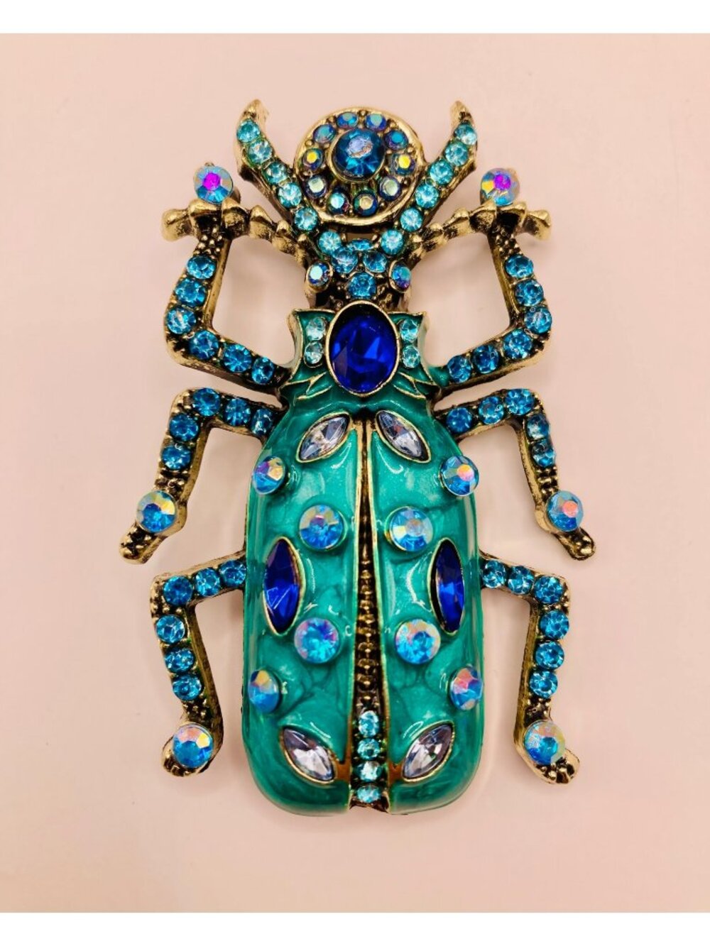 Large Jeweled Beetle Brooch Pin Blue Teal Rhinestones & Enamel -56B